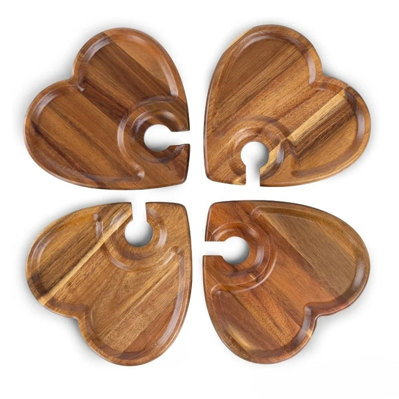 4PCS Multifunctional Acacia Wood Fruit Plate with Wine Glass Bracket Steak Tray for Gathering Appetizer Service