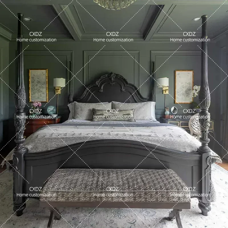 Solid Wood Bed Frame 1.5m 1.8m 2m Double Bed for Bedroom Small Apartment Retro Carved Pillar Design Wedding Furniture