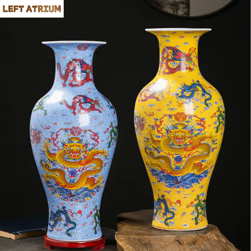

36cm large sizeJingdezhen Ceramic Nine Dragons Glow Vase New Chinese Home Decoration Living Room Antique Decoration