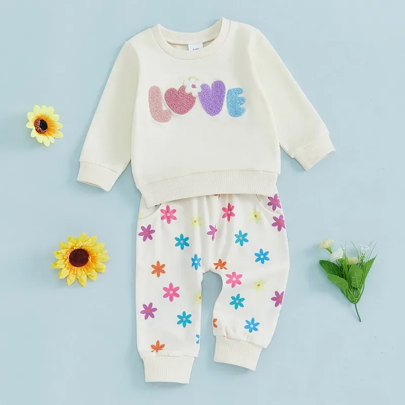 Baby Clothing Girl  Spring Autumn Letter Embroidery Long Sleeve Sweatshirt and Floral Pant Clothes Sets