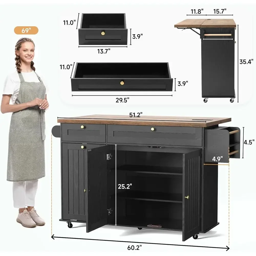 60-inch Kitchen Island with Outlet, Drop Leaf, Spice Rack, Towel Bar, and Trash Bin Storage