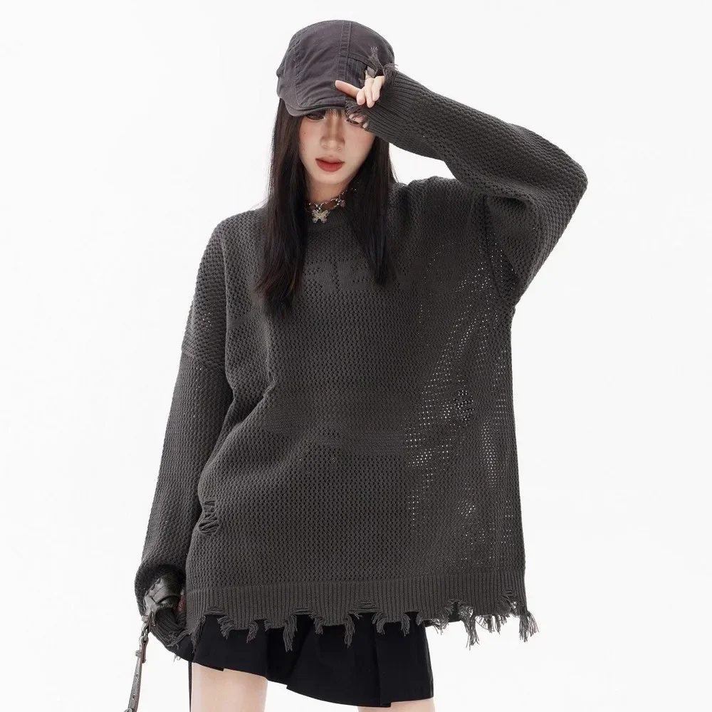 Torn Frayed Bottom Ripped Tassels Oversize Goth Sweaters for Women Men Gothic Y2k Streetwear Couple Winter Clothes Pullovers