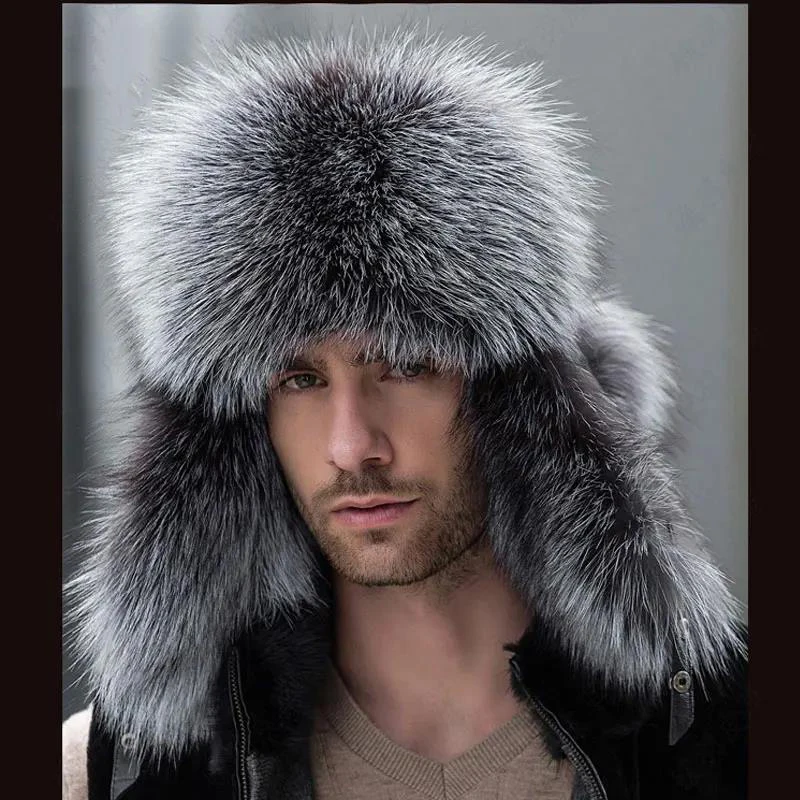 Men's Genuine Silver Fox Fur Winter Hat Real Raccoon Fur Lined Warm Leather Bomber Cap Stylish Russian Lei Feng Caps