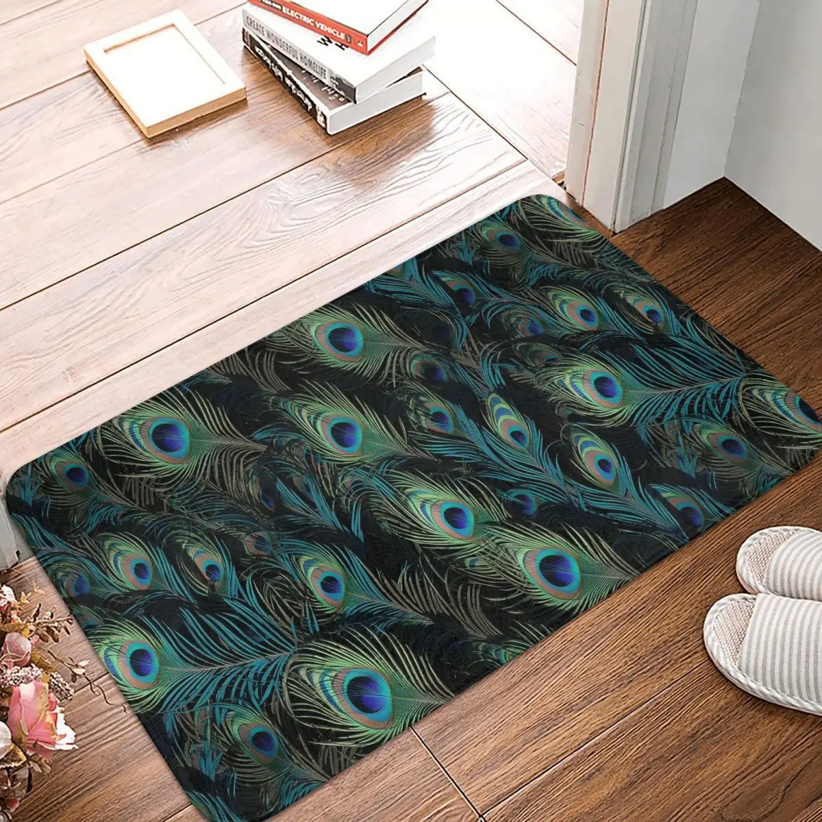 Peacock Feathers Front Door Mat Anti-Slip Indoor Absorbent Doormat Living Room Entrance Rug Carpet