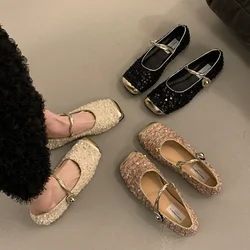 2025 Summer New Brand Women Flats Fashion Square Toe Shiny Mary Jane Shoes Soft Casual Ballet Shoes Shallow Slingback Shoes