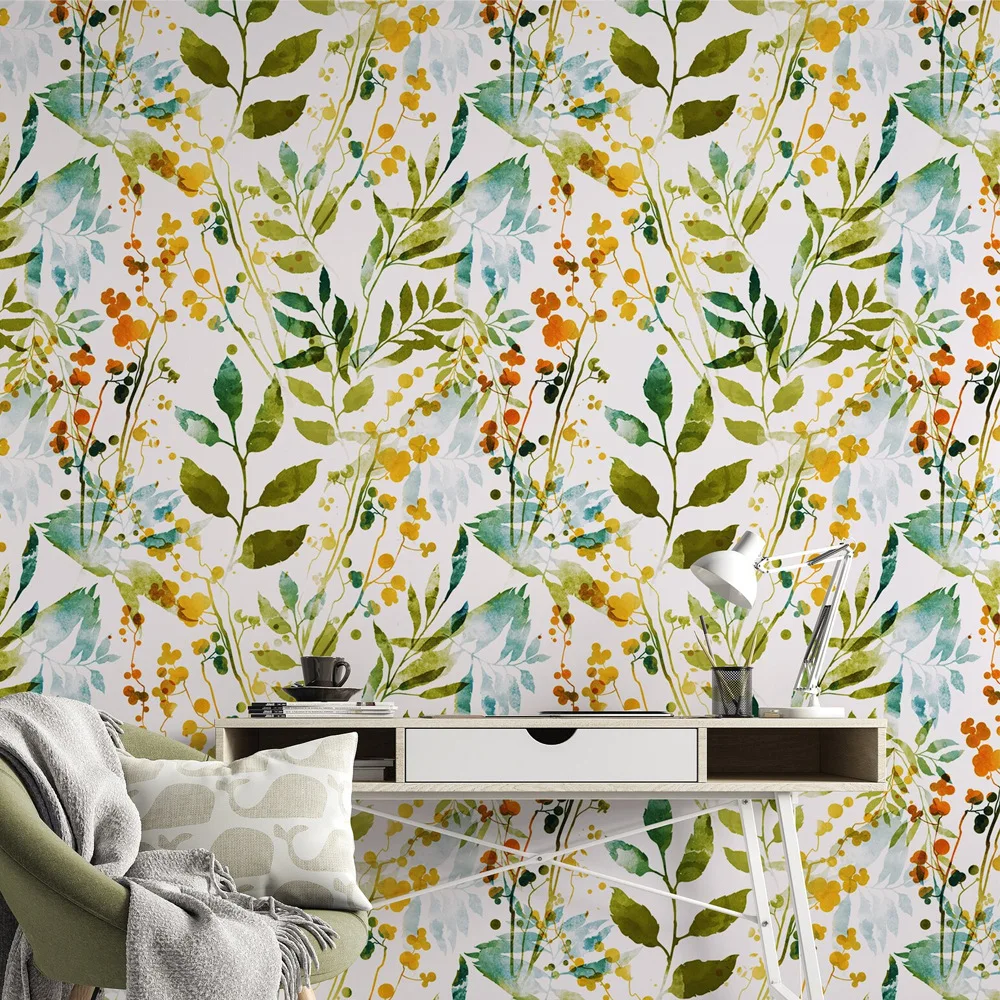 Watercolor Green Blue Yellow Leaf Peel and Stick Wallpaper Self Adhesive Wall Paper Botanical Removable Contact Paper Wall Mural