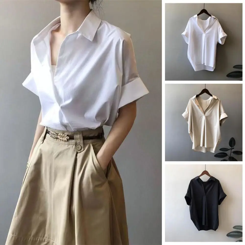 

Simple V-neck Flip Collar T-shirt Crop Top Y2K Short Sleeve Blouse Loose Chic Basic Tees Shirts Women Business Outfits