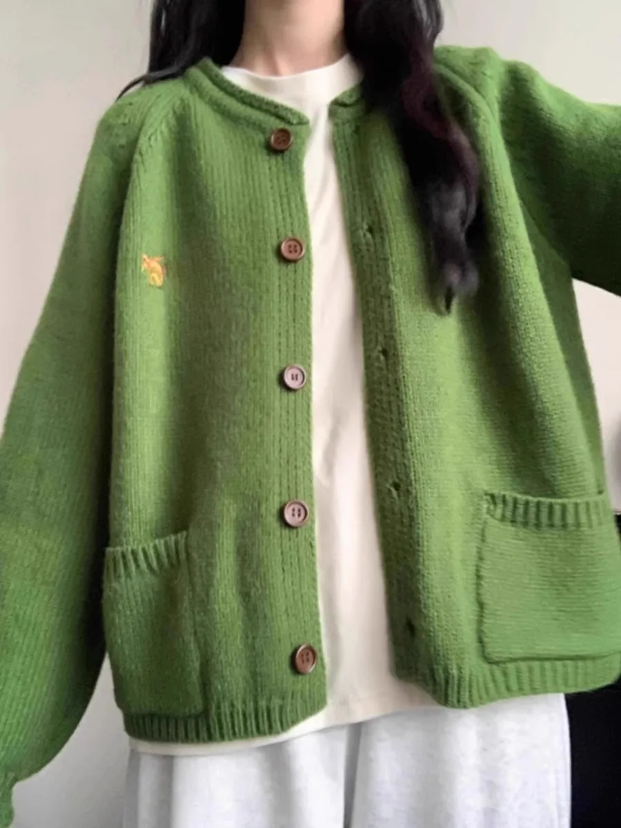 Japan fashion Retro Green Knit cardigan Sweater Outerwear Women 2024 Spring New Lazy Loose Wind Soft Glutinous Top