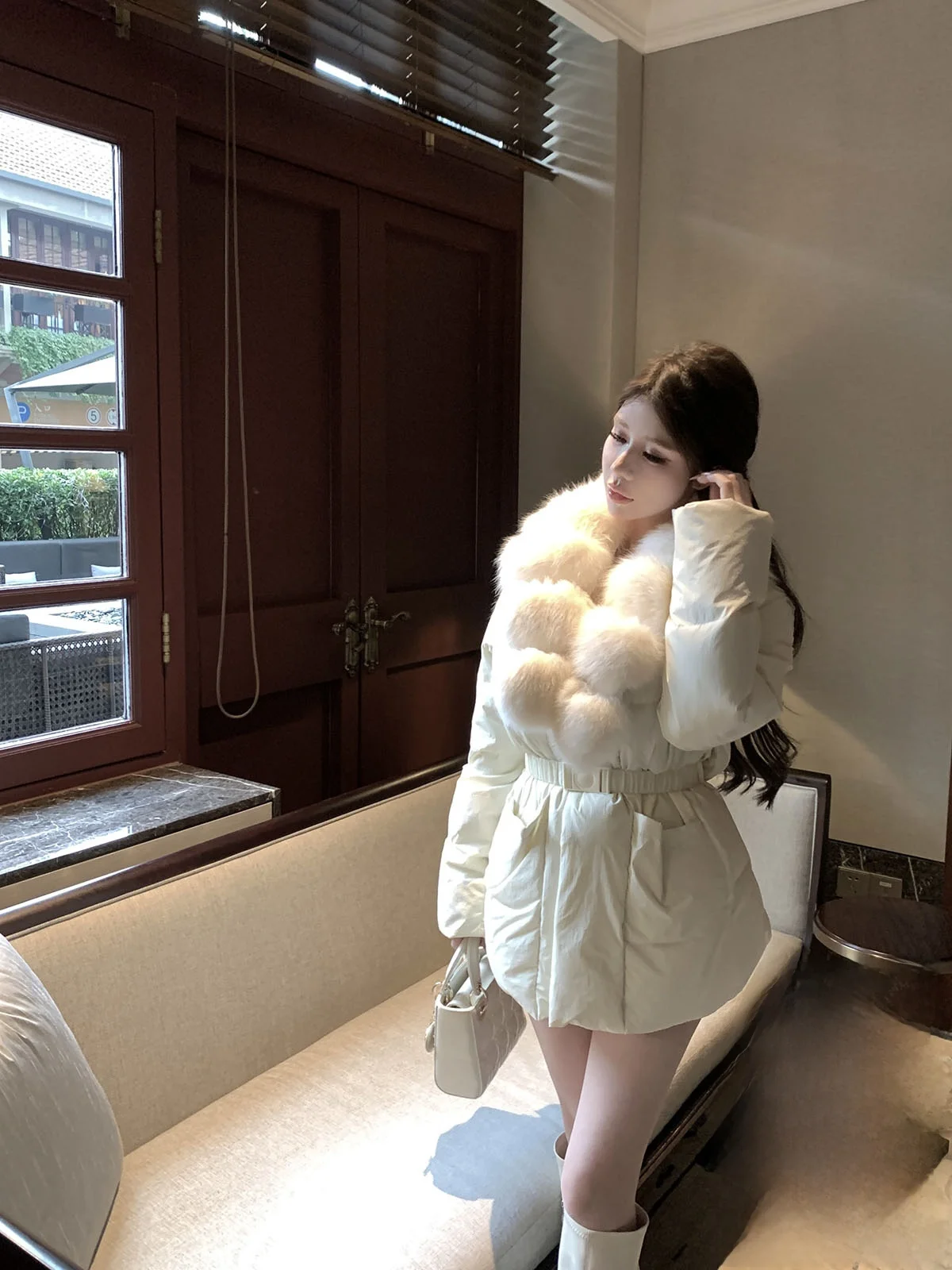 

Kubiliv Winter White Du down Jaet Waist Belted Fur Collar Slim Fit Korean Sle Commute Faion Pure Color Winter Coat