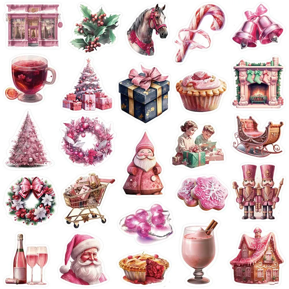 50/100Pcs INS Novelty Cartoon Cute Pink Christmas Series Stickers PVC Waterproof Stickers Decals For Kids Boys Girls Toys Gifts