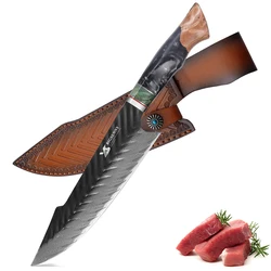 BIGSUNNY 67 Layers Damascus VG10 Steel 8 Inch Chef Knife with Leather Sheath - Resin & Wood Handle
