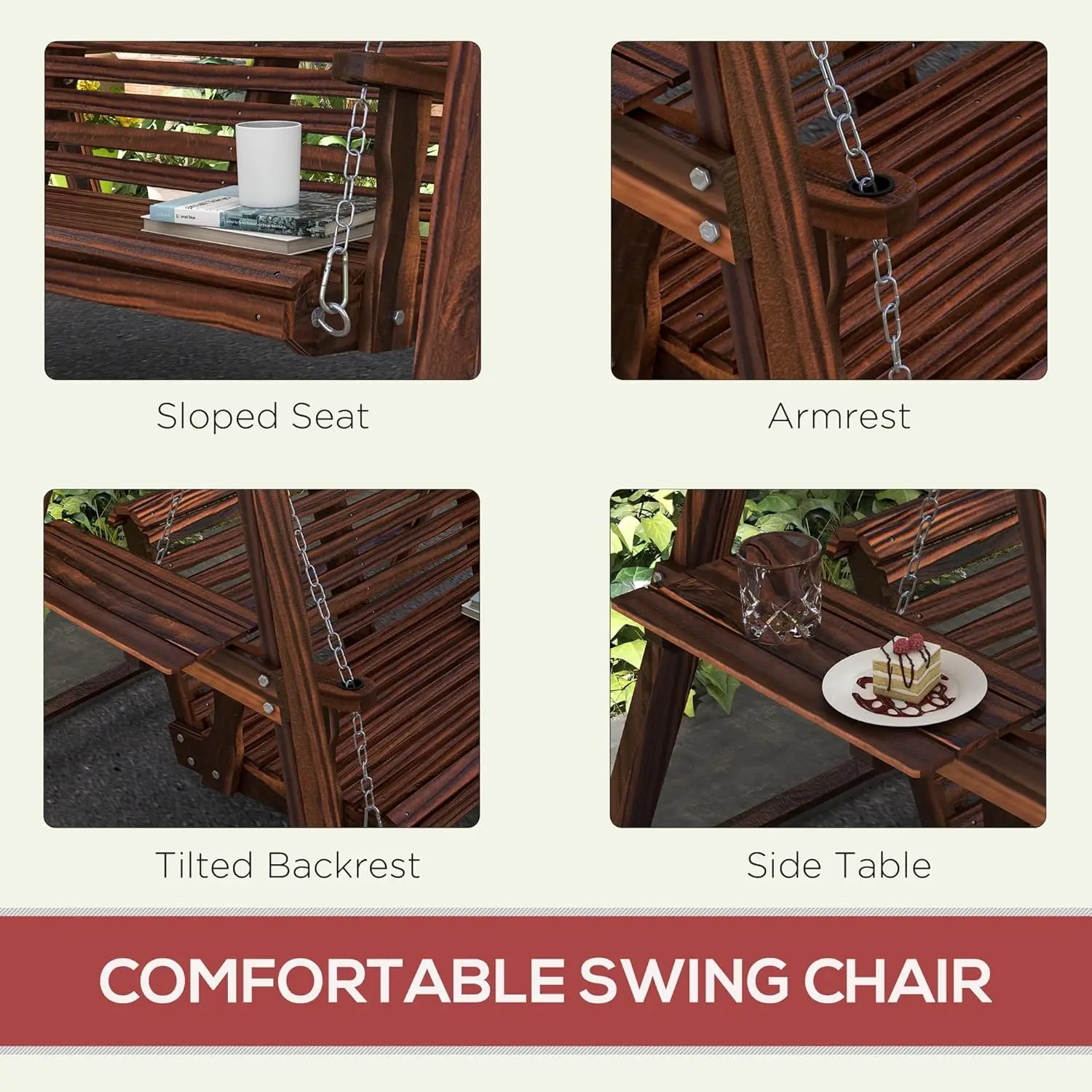 

2-Seater Wooden Swing with Stand, Outdoor Hanging Bench for Garden, Poolside, Backyard