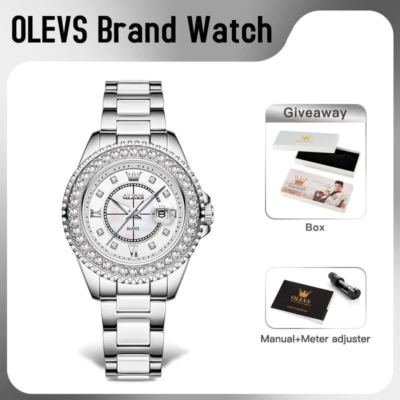 OLEVS 3685 Women Watch Original Elegant Quartz Watch Waterproof Luminous Steel And Ceramic Bracelet Date Watches For Women Gifts