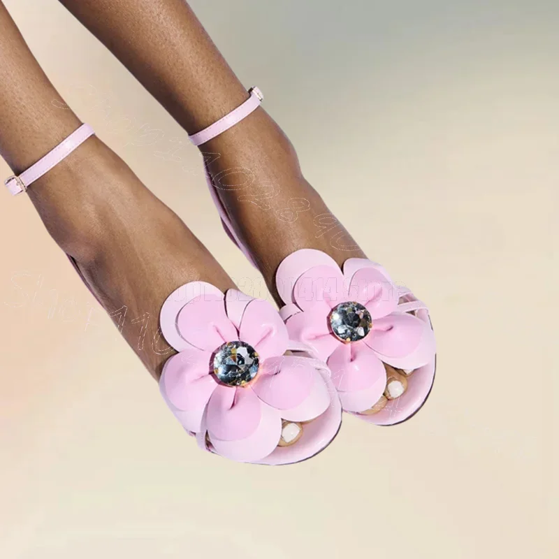 Pink Appliques Crystal Decor Open Toe Sandals Buckle Strap Women Shoes Thin High Heels New Party Dating 2025 Zapatos Para Mujere