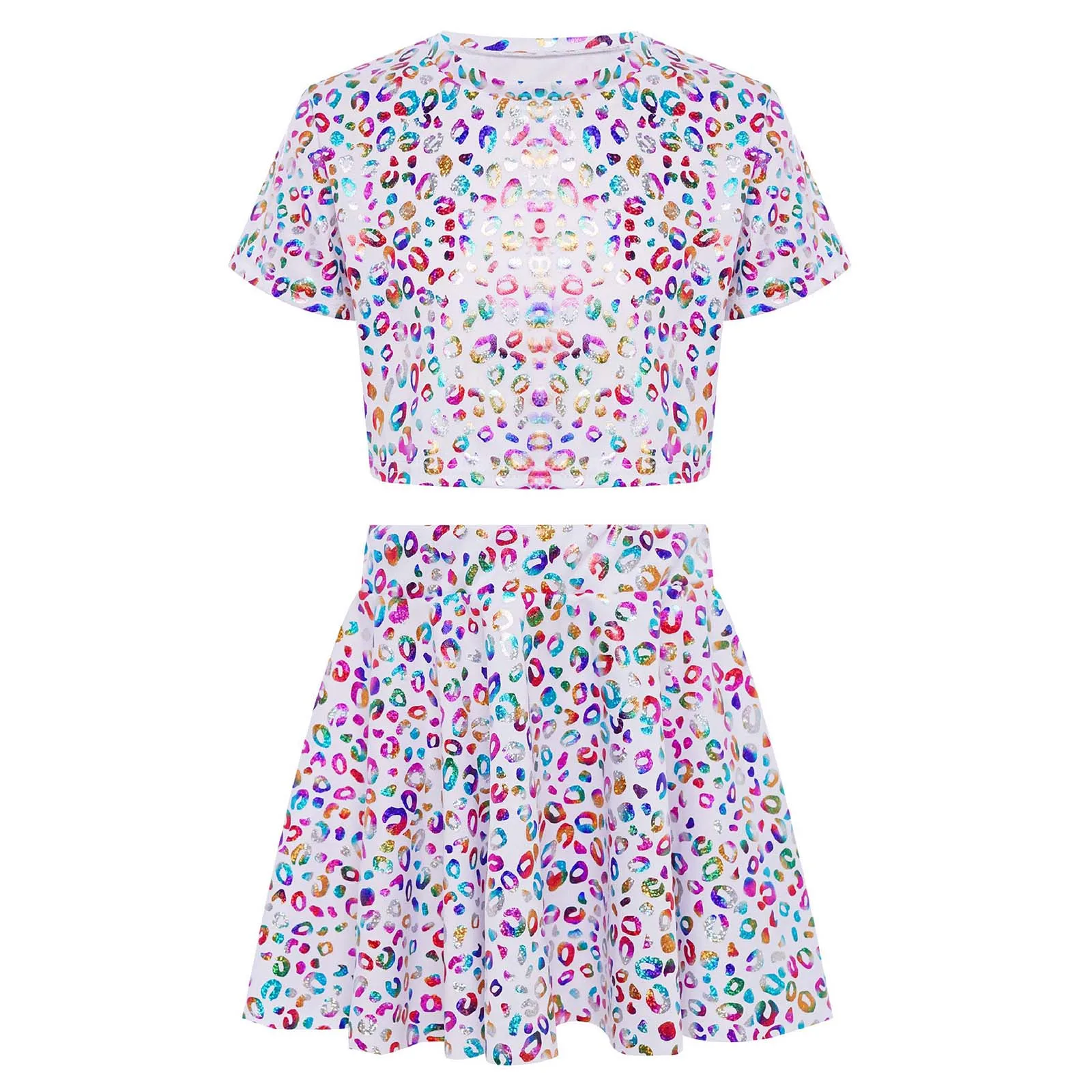

Kids Girls Cheerleading Dance Outfit Metallic Leopard Print Short Sleeve Crop Top Shirt+Ruffled Skirt Jazz Disco Dance Costume