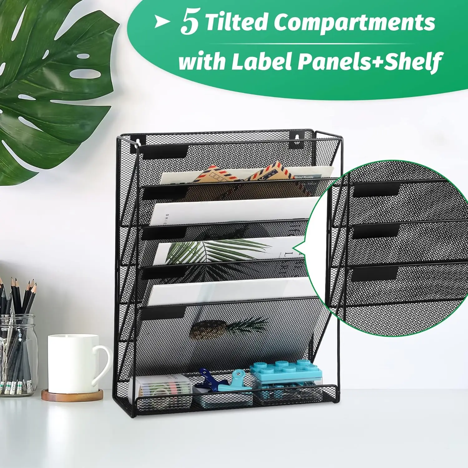 Desk File Organizer Mesh 5-Tier, Hanging Wall Mount Document Organization Stand, Desktop Vertical Mail Paper Folder Holder Rack