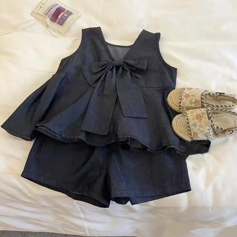 

Denim Vest and Shorts Set Simple Solid Color Cute Sweet 2025 Summer New Fashion Bow Denim Vest Shorts Two Piece Set