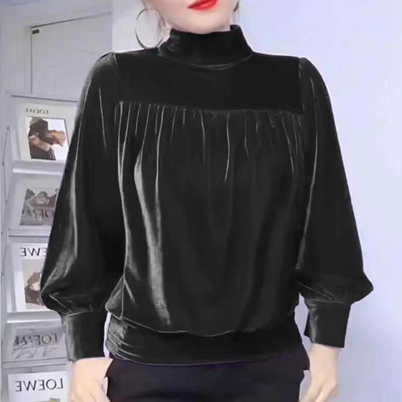 

Высококачественная золотая бархатная термобелье, водолазка, женская осенне-зимняя футболка, свободная верхняя одежда, женский топ в иностранном стиле