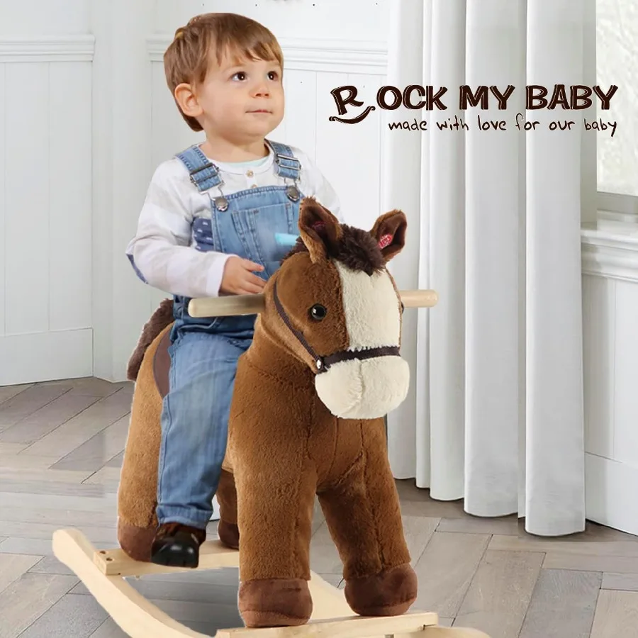 Rocking Horse Dark Brown Horse Rocker for Toddlers 18M+ Plush Ride on Horse Toy with Realistic Sound Soft Stuffed Filling CPC C
