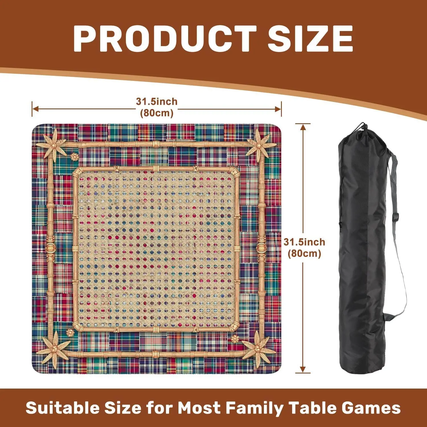 80cm Mahjong Cane Lattice Plaid Patchwork Bamboo Wrinkle‑Resistant Deformation‑Resistant Mahjong Table Mat Dominoes Poker Night