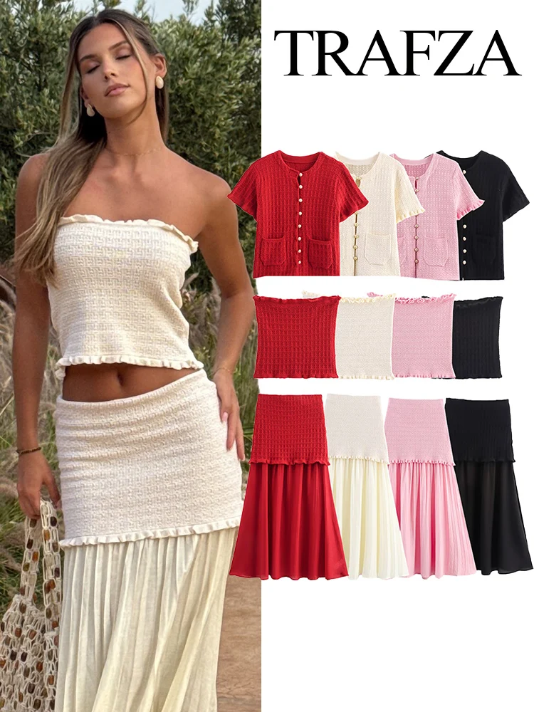 

TRAFZA Women's Summer Sexy Solid Laminated Decoration Crew Neck Single-breasted Knitted Short Top+Elegant High Waist Skirt Suit