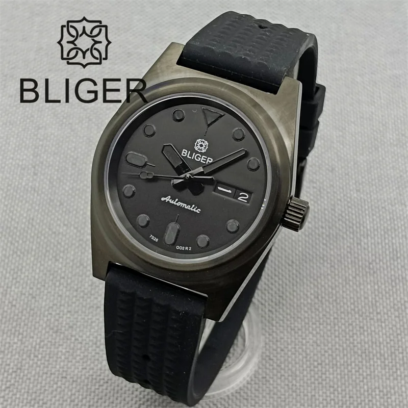 BLIGER 38mm Mechanical Mens Diver Watch Sapphire Glass Japan NH36A Autoamtic 100M Black White Dial Luminous Waffle Rubber Strap