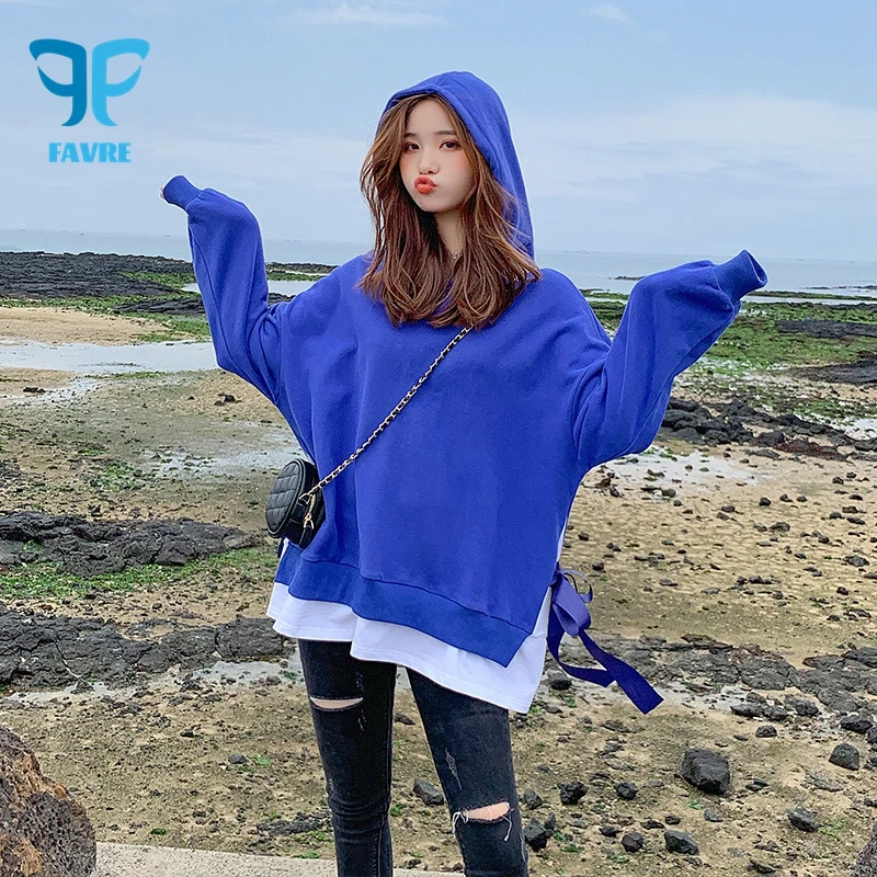 

FAVRE Womens Fake 2-piece Sweatshirts Lace-up Contrast Hoodies Korean Version Loose BF Age-reducing Casual Fashion Y2K Pullovers