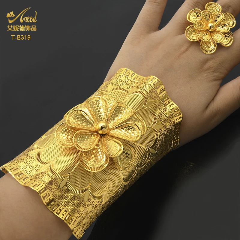 ANIID Dubai Gold Color Woman Bracelet Wedding Cuff Bracelet Female Bridal Designer Flower Bangles with Ring For Women Luxury