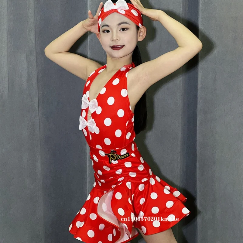 赤い水玉模様のラテンダンス衣装女の子パフォーマンス服夏ノースリーブ練習ドレス子供ラテン競技ドレス