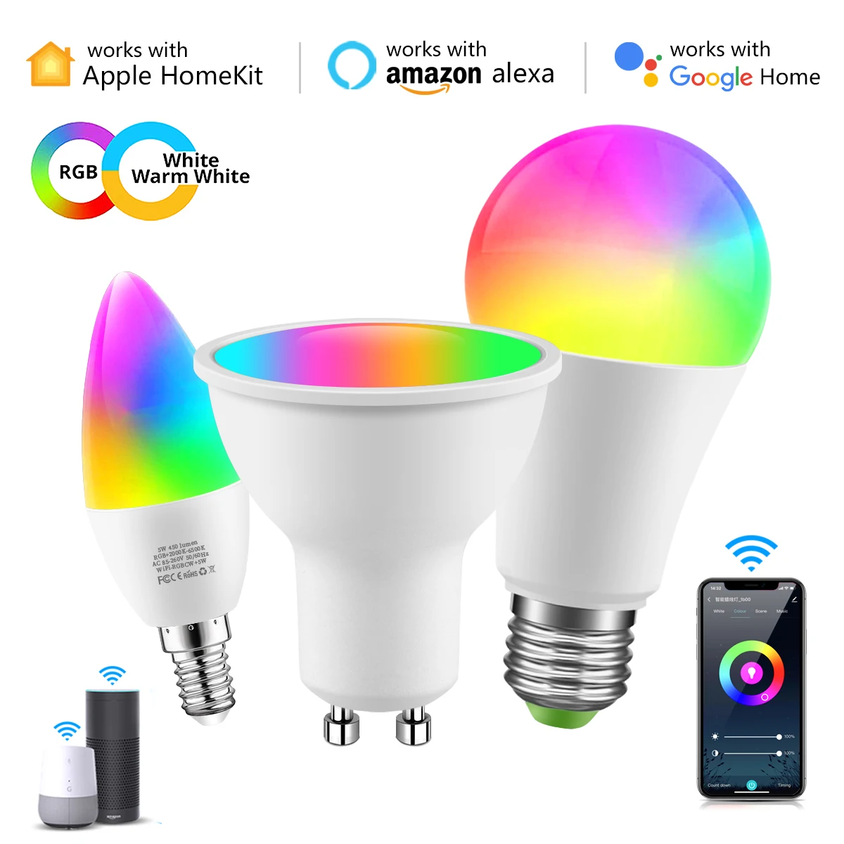 Inteligentna żarówka RGB E27 E14 GU10 Wifi Led Żarówka Smart Home Współpracuje z Apple Homekit Cozylife Alexa Google Home Siri Voice Contro