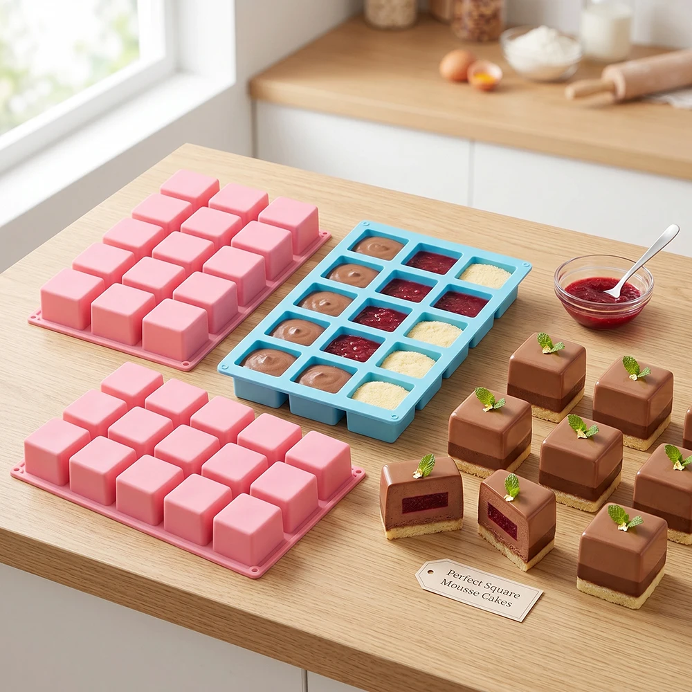 15 cavity long square shaped silicone mold for baking mousse cakes, 3D candy pastries, chocolate truffles, paper cupcakes, jelly view 2