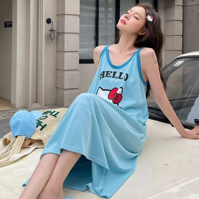 Hello Kitty Night Skirt Summer Ladies Nightdress Slip Dress Anime Sanrio My Melody Cartoon Sweet Cotton Pajamas Homewear Cloth