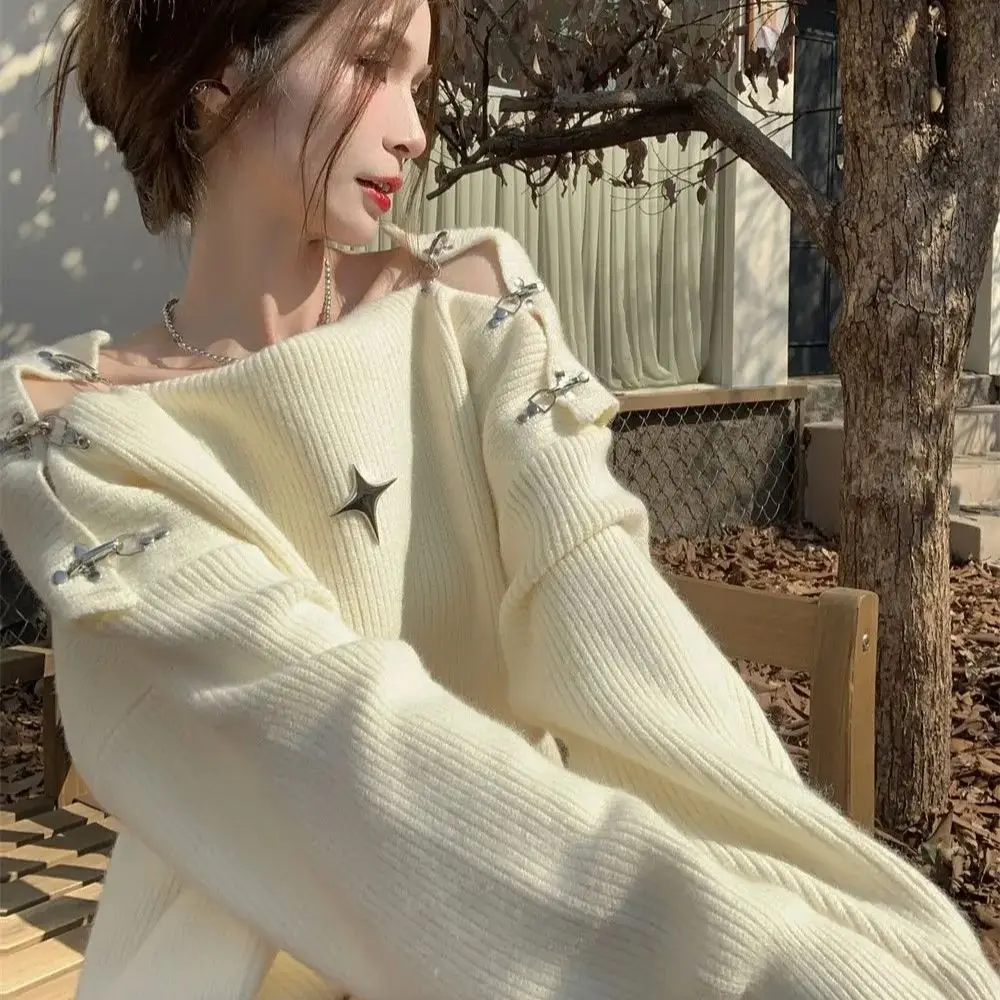 Off-Shoulder Slope-Neck Pullover Sweater 2024 Autumn Loose Casual Solid Color Harajuku Retro Fashion One-Shoulder Top