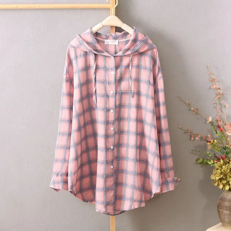 Fashion Sun-Proof Hooded 2024 Cotton Spring And Summer Women\'s Plaid Shirt Top-Grade Loose Coat Shirt Women