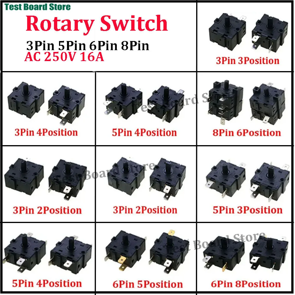 1Pcs Electric Room Heater Gear Knob Switch 3/4/5/6/7/8 Position 3Pin 5Pin 6Pin 8Pin Rotary Switch Selector AC 250V 16A Radiator