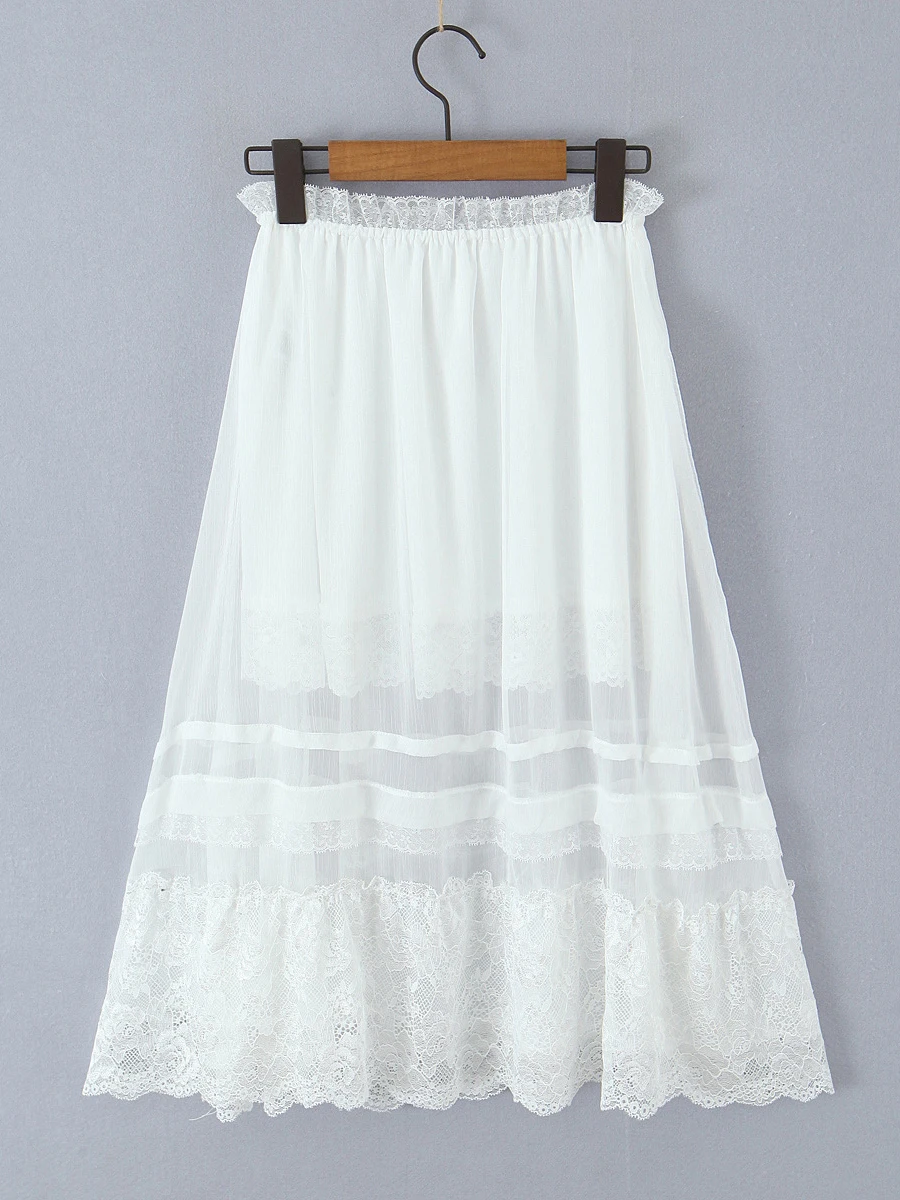 Drawstring 레이스 패치 워크 미디 스커트 여성 하이 웨스트 레이스 트림 화이트 a 라인 Faldas 여름 캐주얼 패션 우아한 짧은 스커트