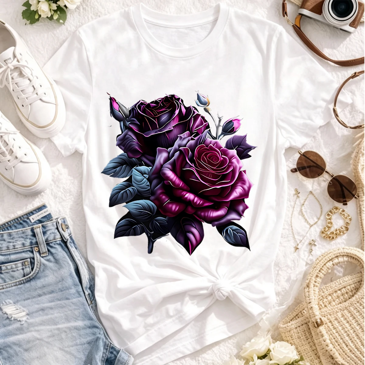 

Plus-size women's deep purple T-shirt featuring a rose floral print; made from 100% cotton with a soft, loose, oversized fit, featuring a crew neck and short sleeves. A casual everyday top perfect for fans of the gothic floral style.