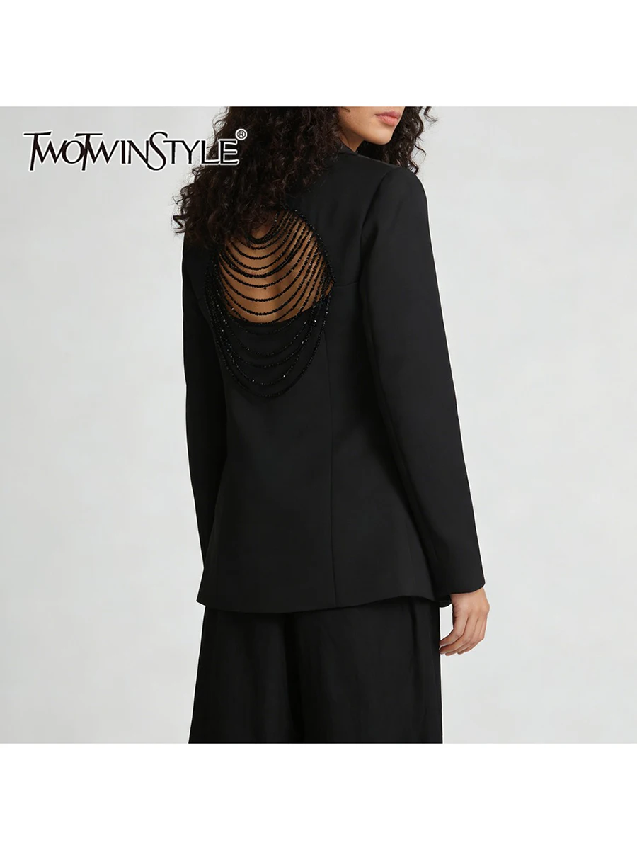 

TWOTWINSTYLE Solid Spliced Chains Slimming Blazer for Women Lapel Long Sleeves Backless Temperament Blazers Female Clothing New