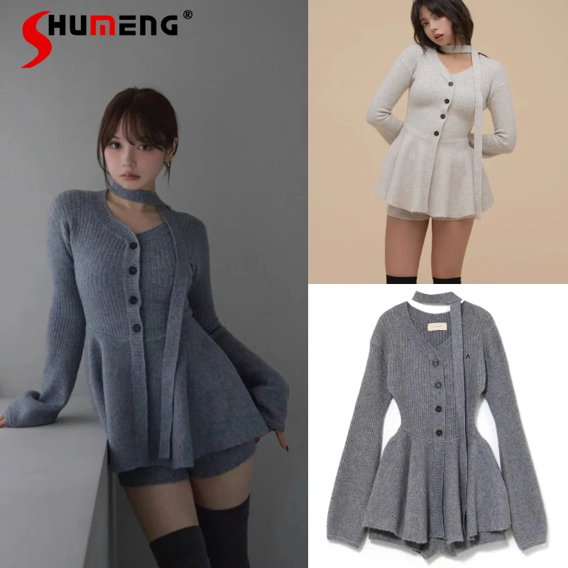 2025 Autumn New Japanese Style Single-breasted Top Fashion Design Waist-Cinching Knitted Umbrella Dress and Shorts 2 Pieces Set