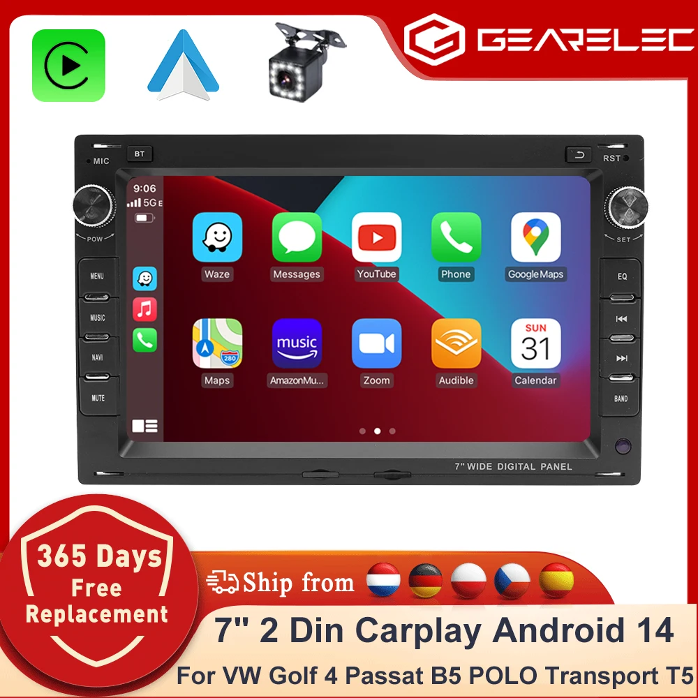 GEARELEC 2 Din autoradio Android 14 7 pouces Carplay pour Volkswagen VW Passat B5 MK4 MK5 Golf 4 Polo Bora T5 lecteur multimédia de voiture WiFi Bluetooth GPS avec Canbus