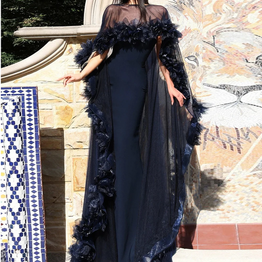 

Customized Mermaid Evening Dresses Floor-length O-neck Sleeveless Prom Gown Fashion Flowers Stole Simple Draped Party Gown