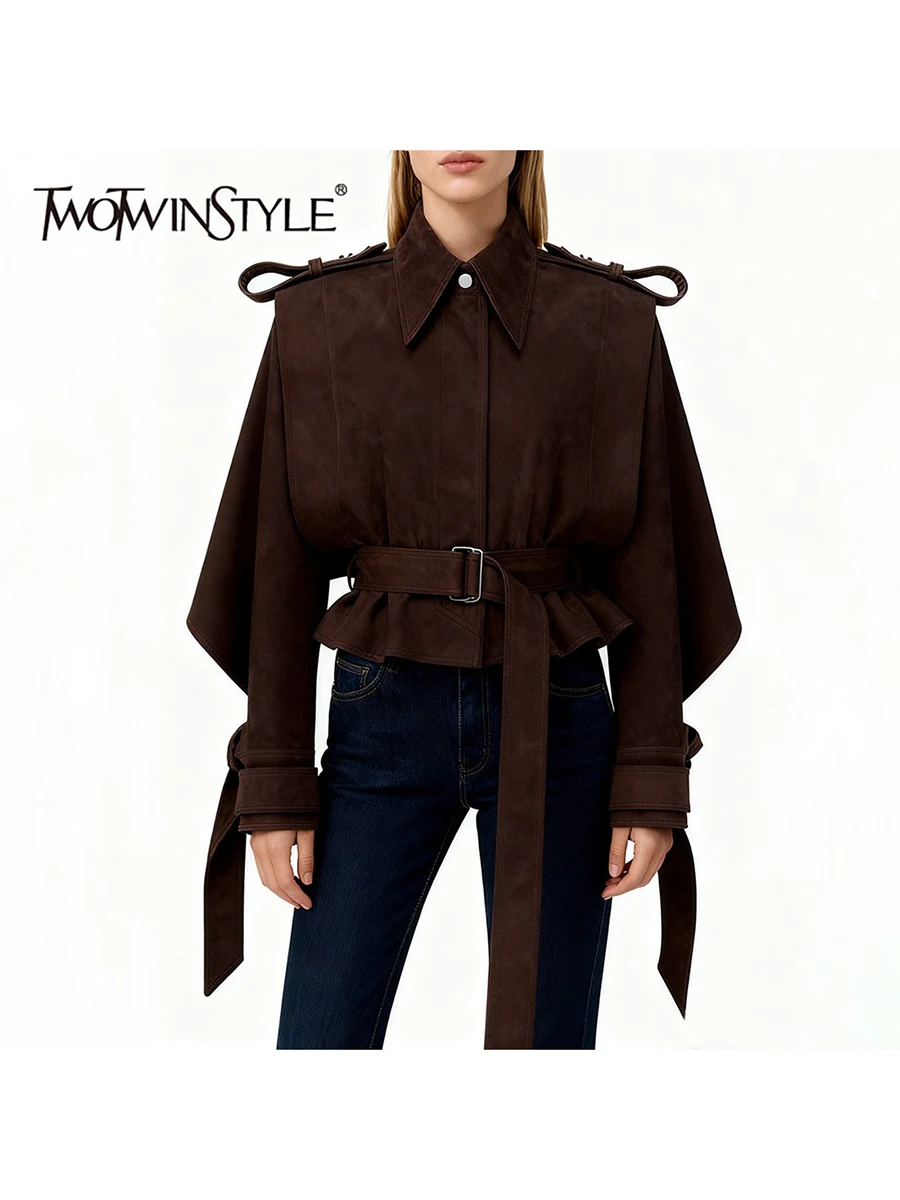 TWOTWINSTYLE الصلبة تقسم الدانتيل يصل السترات للنساء التلبيب طويلة الأكمام تونك موضة قصيرة Vintage سترة الإناث الخريف الملابس #1