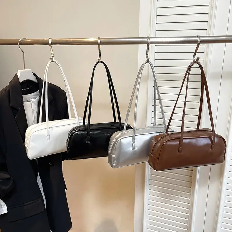 Glossy PU Leather Long Shoulder Bag Dual Handles Zipper Closure For Daily Commute Shopping