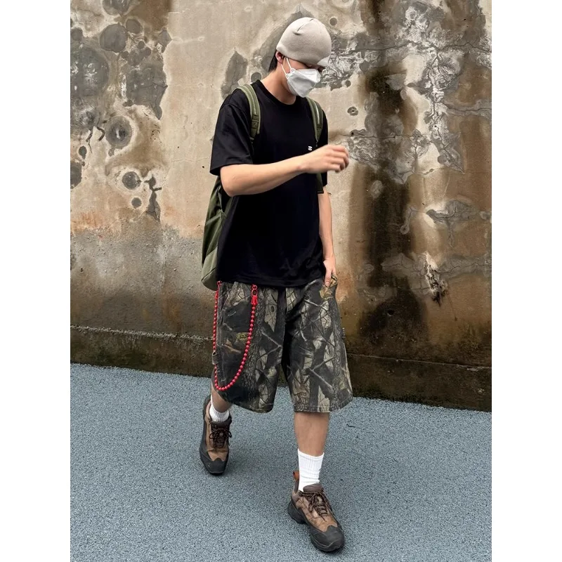 NIGO Tree Branch Camouflage Realtree Denim Cargo Multi Bag Workwear Shorts, Retro Vintage Men\'s Shorts #NGTOP11125