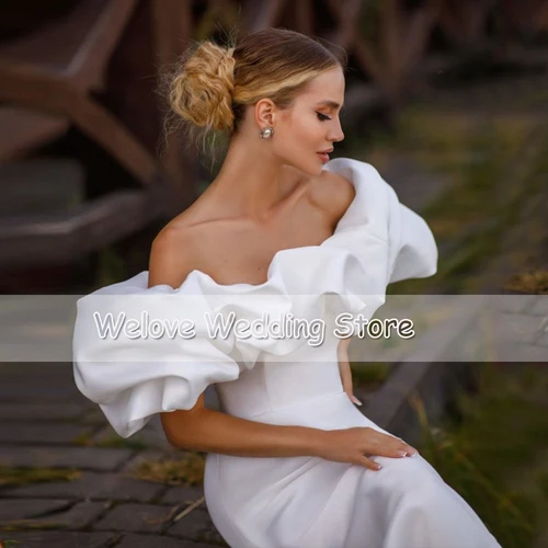 Imagen 2 del producto Vestido De novia elegante De sirena De satén con hombros descubiertos, vestido De novia blanco De manga corta con volantes para mujer, bata moderna De boda personalizada