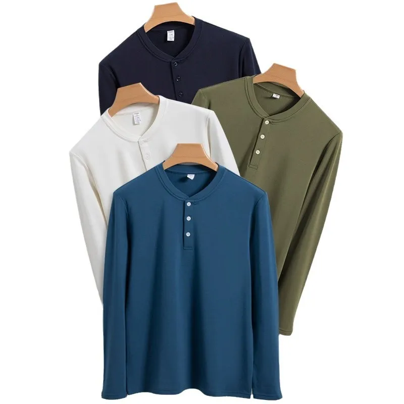 

Новая мода 2025 года, мужские однотонные пуловеры с круглым вырезом и длинными рукавами на пуговицах, повседневные модные толстовки, мужские майки, одежда, топы