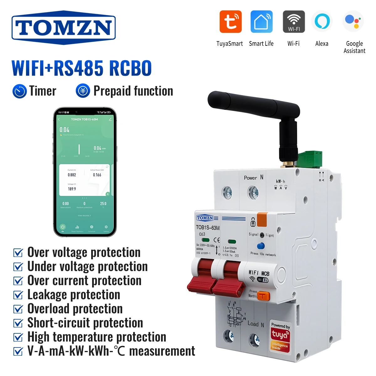 TOMZN TOB1S-63M TUYA Smartlife WIFI Circuit Breaker Smart Switch Remote Control Over/Under Voltage Current Protecion Temperature