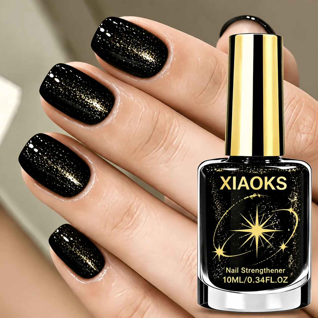 Xiaoks Black Gold Starburst Nail Polish, Cool Black Base with Golden Starburst Glitter, Rich Color in a Single Stroke, Creates a High-End Nightglow Nail Surface, Floating Gold Powder Star Track Design, Glitter Evenly Distributed, Naturally Air-Dries, a Perfect Item for Party and Evening Ambiance, Glitter Evenly Distributed, Does Not Clump, Forms a Strong and Visible Nail Surface with a Single Swipe, Suitable for DIY Nail Art at Home, Can Be Used for Personal Use or as a Holiday Gift.