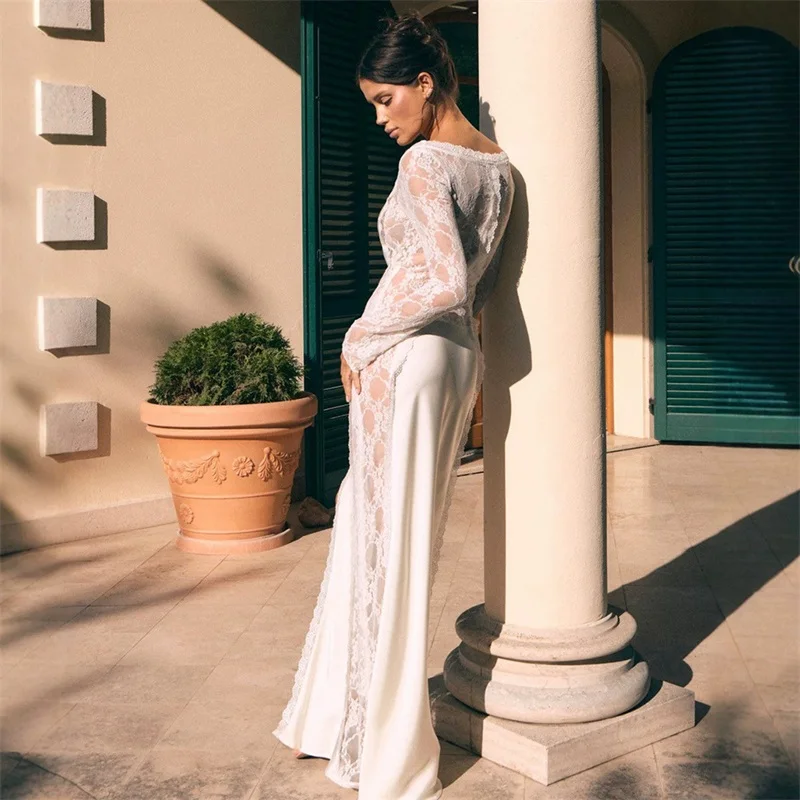 White Lace Satin Prom Dress Sexy Full Sleeves Side Split Sheath Long Party Gown Formal Wedding Guest Birthday Evening Robe