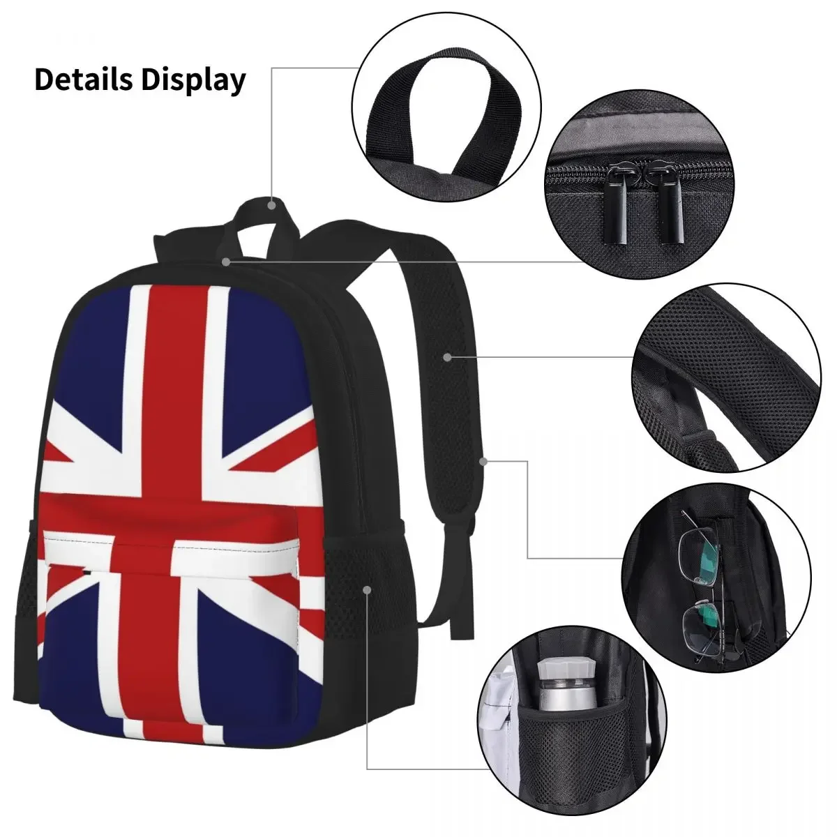 Conjunto de três peças de mochilas escolares para crianças, meninos e meninas Mochila escolar, lancheira, bolsa de caneta, Union Jack Bandeira do Reino Unido